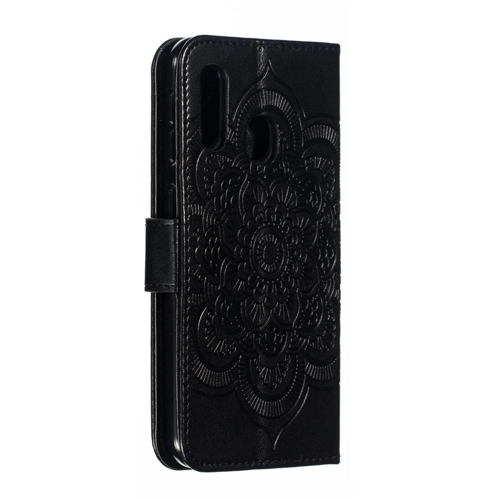 Imprint Mandala Flower Stand Wallet Leather Case for Samsung Galaxy A20e Anti-Scratch Phone Accessory - Black - 4