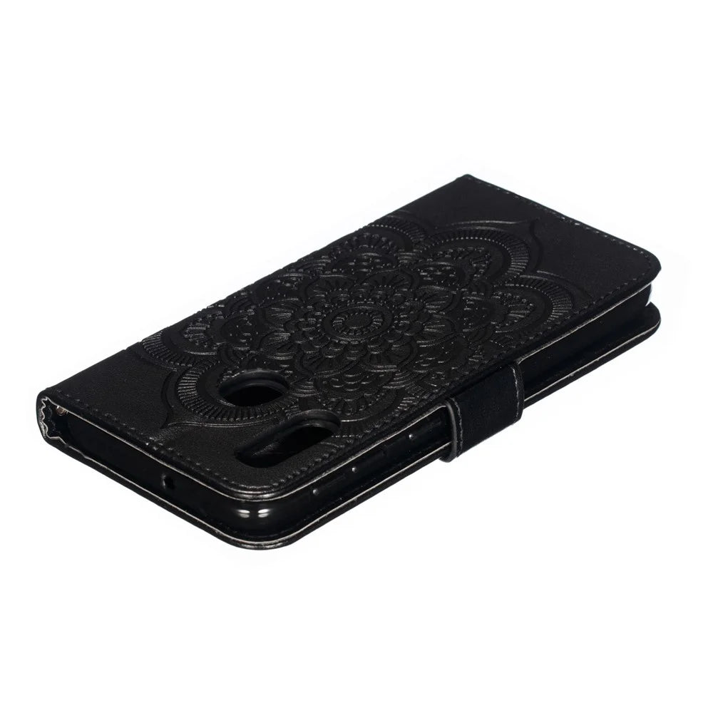 Imprint Mandala Flower Stand Wallet Leather Case for Samsung Galaxy A20e Anti-Scratch Phone Accessory - Black - 6
