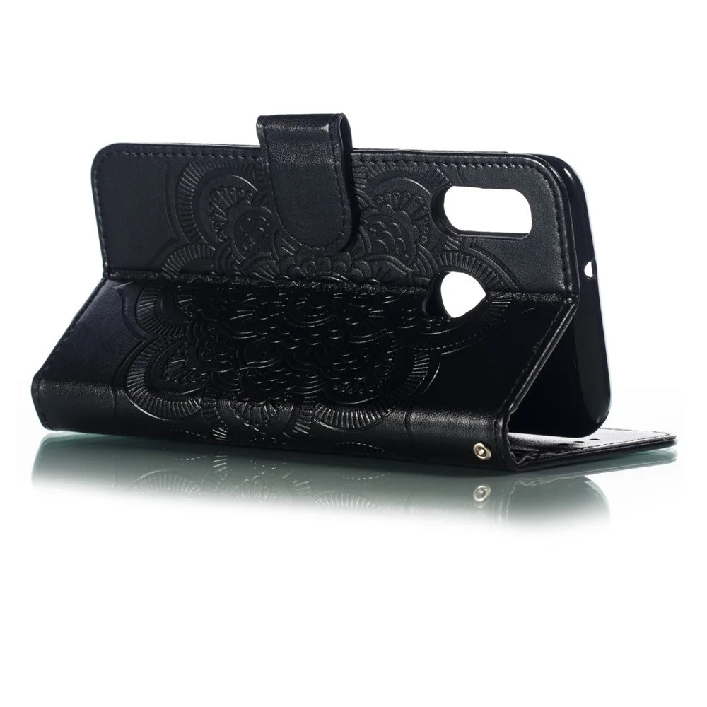 Imprint Mandala Flower Stand Wallet Leather Case for Samsung Galaxy A20e Anti-Scratch Phone Accessory - Black - 7