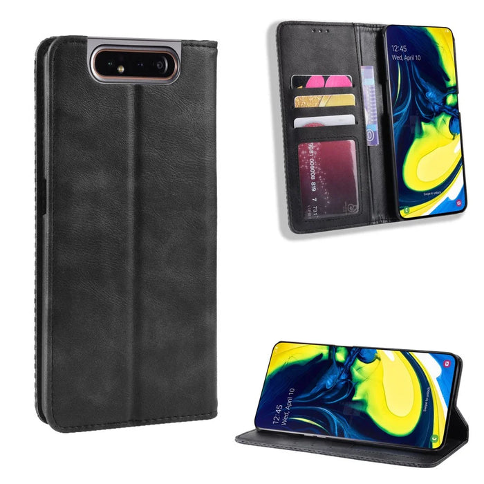 Auto-absorbed Vintage Style PU Leather Wallet Case for Samsung Galaxy A80 / A90 - Black - 1