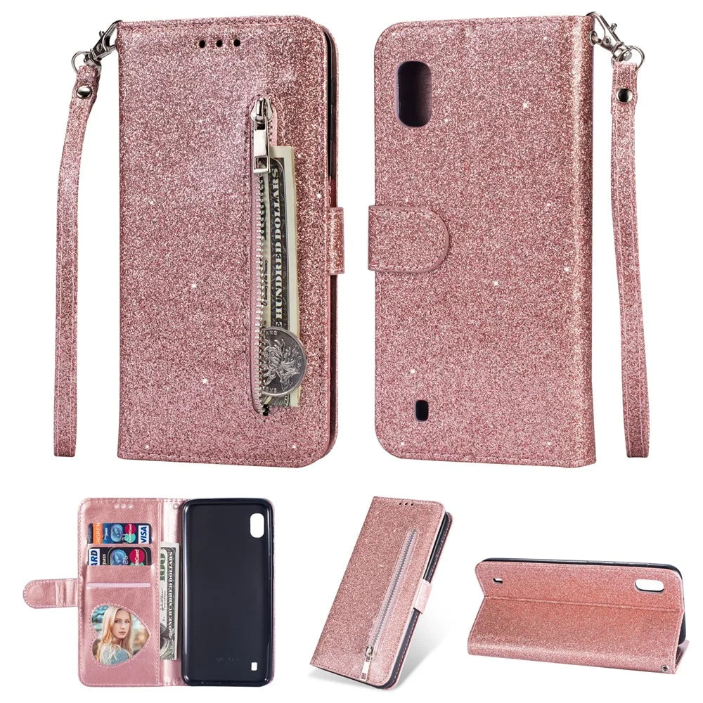 Glitter Powder Zippered Stand Leather Wallet Case with Strap for Samsung Galaxy A10 - Rose Gold - 1