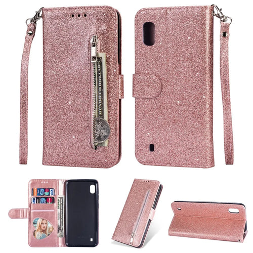 Glitter Powder Zippered Stand Leather Wallet Case with Strap for Samsung Galaxy A10 - Rose Gold - 1