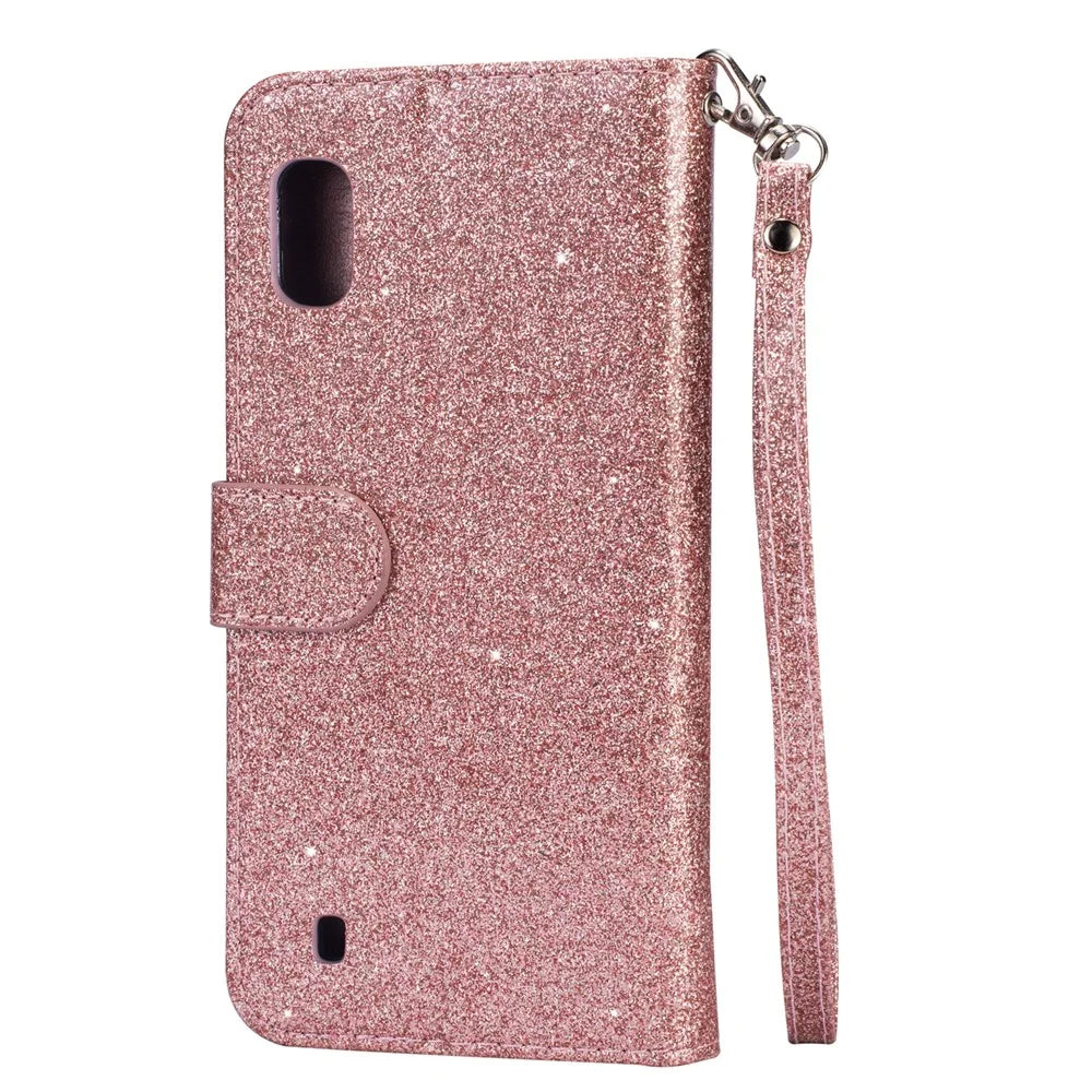 Glitter Powder Zippered Stand Leather Wallet Case with Strap for Samsung Galaxy A10 - Rose Gold - 2