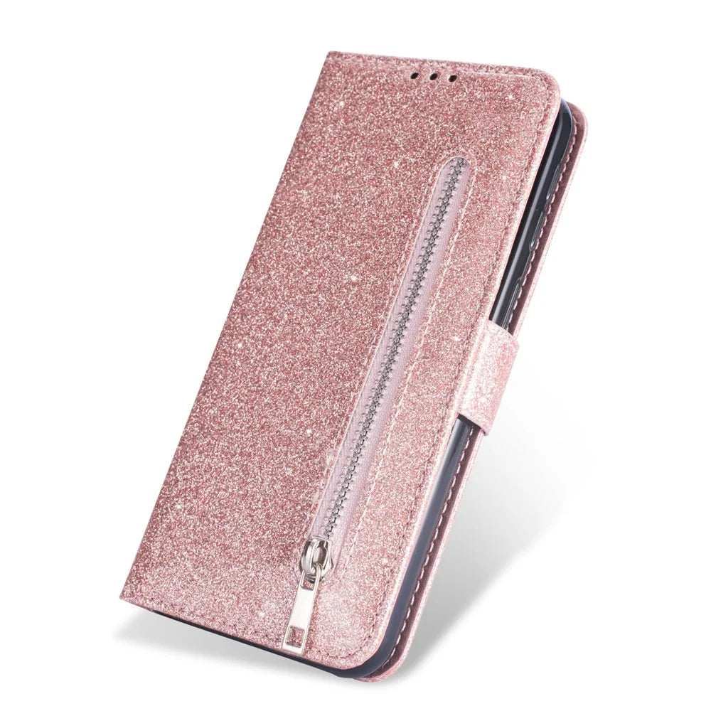 Glitter Powder Zippered Stand Leather Wallet Case with Strap for Samsung Galaxy A10 - Rose Gold - 4