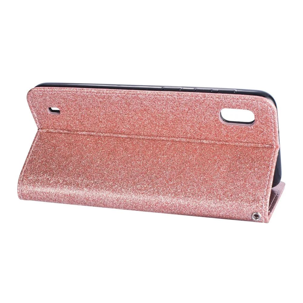 Glitter Powder Zippered Stand Leather Wallet Case with Strap for Samsung Galaxy A10 - Rose Gold - 5
