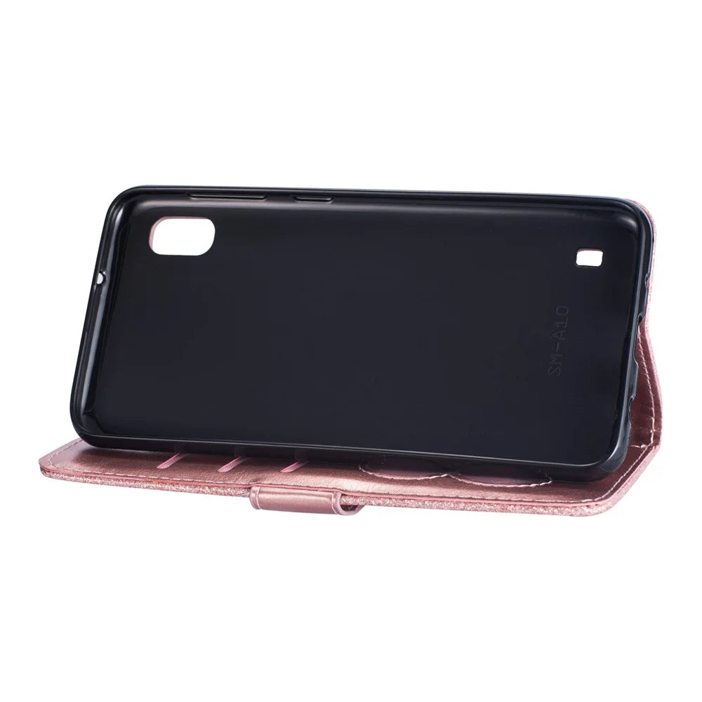 Glitter Powder Zippered Stand Leather Wallet Case with Strap for Samsung Galaxy A10 - Rose Gold - 6