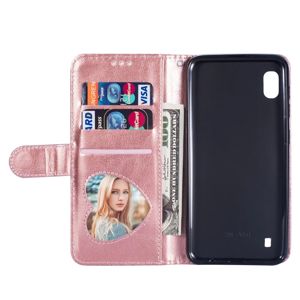Glitter Powder Zippered Stand Leather Wallet Case with Strap for Samsung Galaxy A10 - Rose Gold - 7