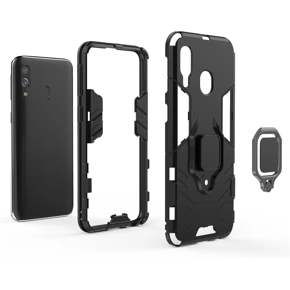 Cool Guard Ring Holder Kickstand PC TPU Hybrid Case for Samsung Galaxy A40 - Black - 4