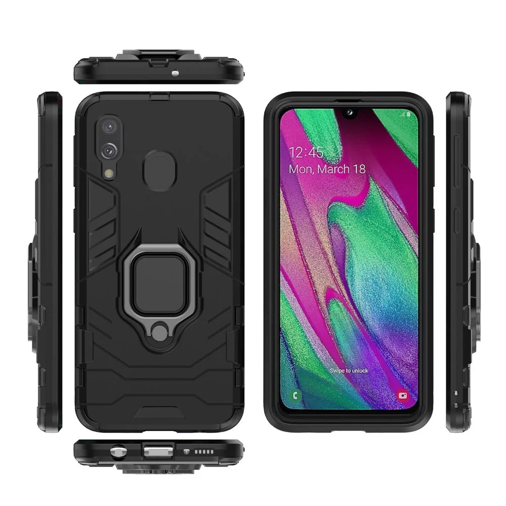 Cool Guard Ring Holder Kickstand PC TPU Hybrid Case for Samsung Galaxy A40 - Black - 7