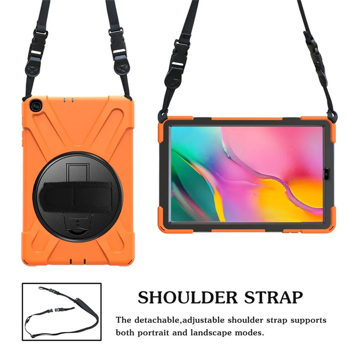 360° Swivel PC + Silicone Combo Kickstand Shell with Shoulder Strap for Samsung Galaxy Tab A 10.1 (2019) SM-T515 - Orange - 3