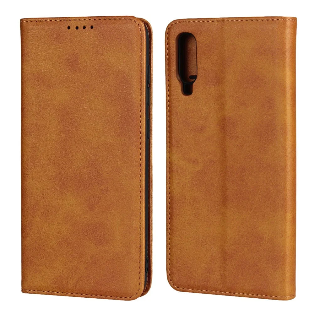 Auto-absorbed Leather Wallet Stand Cover for Samsung Galaxy A70 - Brown - 1
