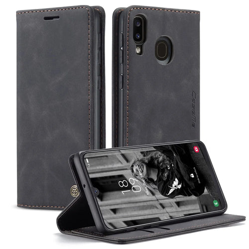 CASEME 013 Series Folio Flip Auto-absorbed Leather Wallet Stand Case for Samsung Galaxy A40 - Black - 1