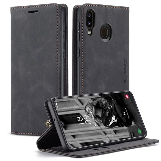 CASEME 013 Series Folio Flip Auto-absorbed Leather Wallet Stand Case for Samsung Galaxy A40 - Black - 1