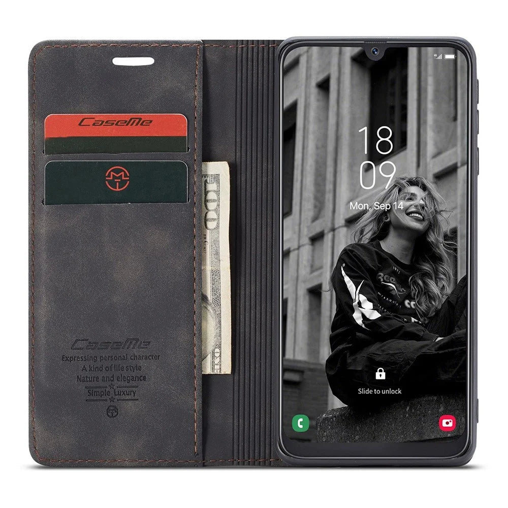 CASEME 013 Series Folio Flip Auto-absorbed Leather Wallet Stand Case for Samsung Galaxy A40 - Black - 2