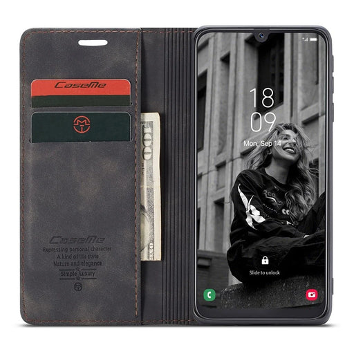 CASEME 013 Series Folio Flip Auto-absorbed Leather Wallet Stand Case for Samsung Galaxy A40 - Black - 2