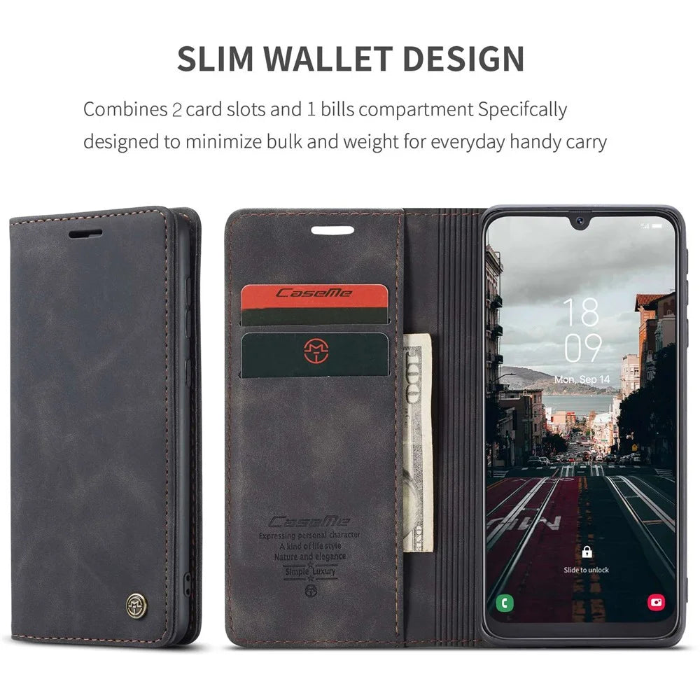 CASEME 013 Series Folio Flip Auto-absorbed Leather Wallet Stand Case for Samsung Galaxy A40 - Black - 4