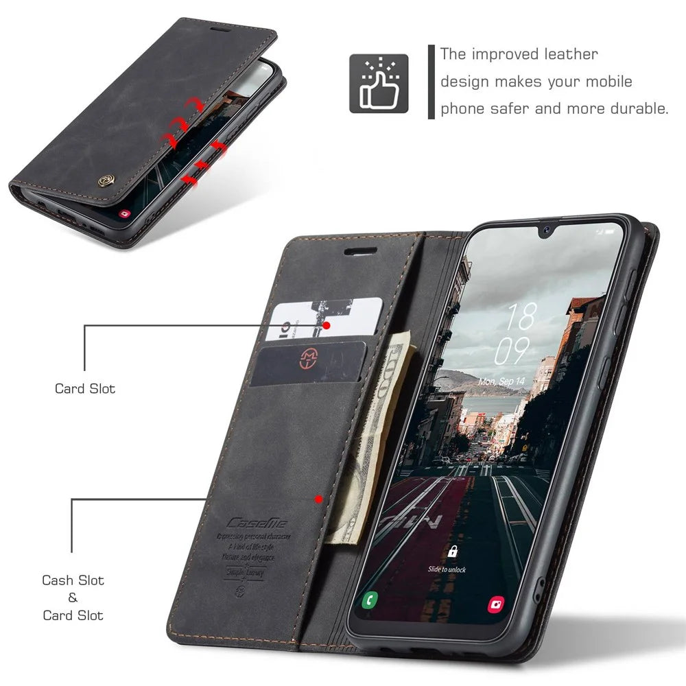 CASEME 013 Series Folio Flip Auto-absorbed Leather Wallet Stand Case for Samsung Galaxy A40 - Black - 5