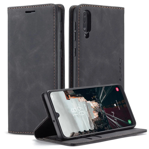 CASEME 013 Series Auto-absorbed Leather Wallet Case for Samsung Galaxy A50 - Black - 1