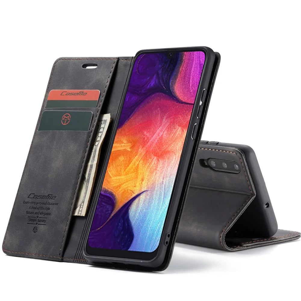 CASEME 013 Series Auto-absorbed Leather Wallet Case for Samsung Galaxy A50 - Black - 3