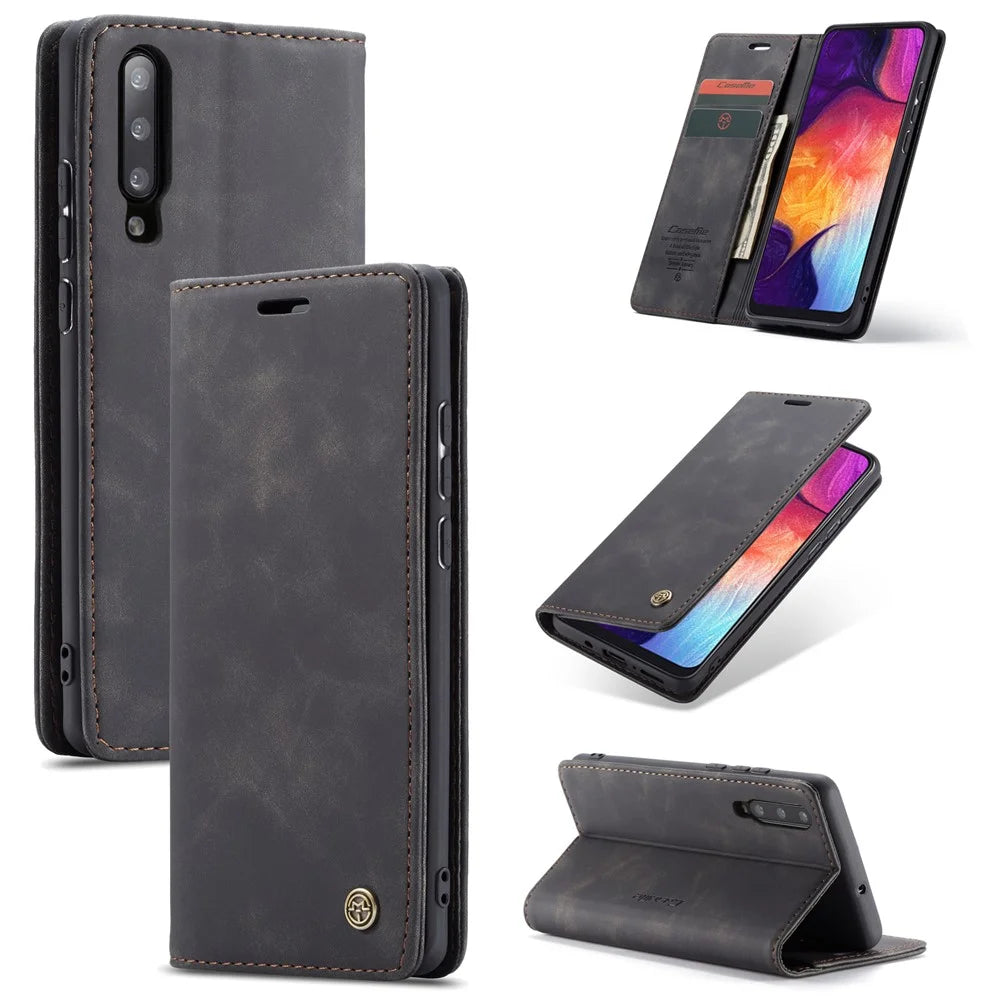 CASEME 013 Series Auto-absorbed Leather Wallet Case for Samsung Galaxy A50 - Black - 4