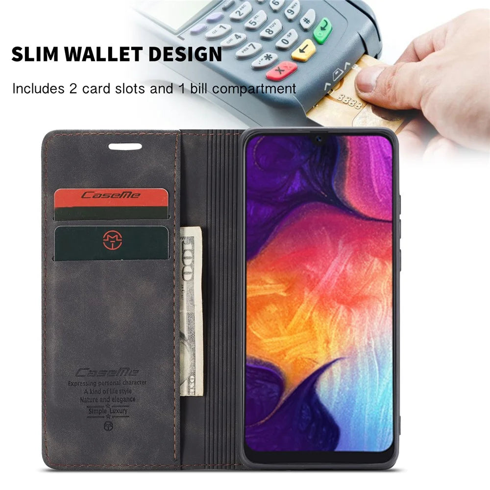CASEME 013 Series Auto-absorbed Leather Wallet Case for Samsung Galaxy A50 - Black - 5