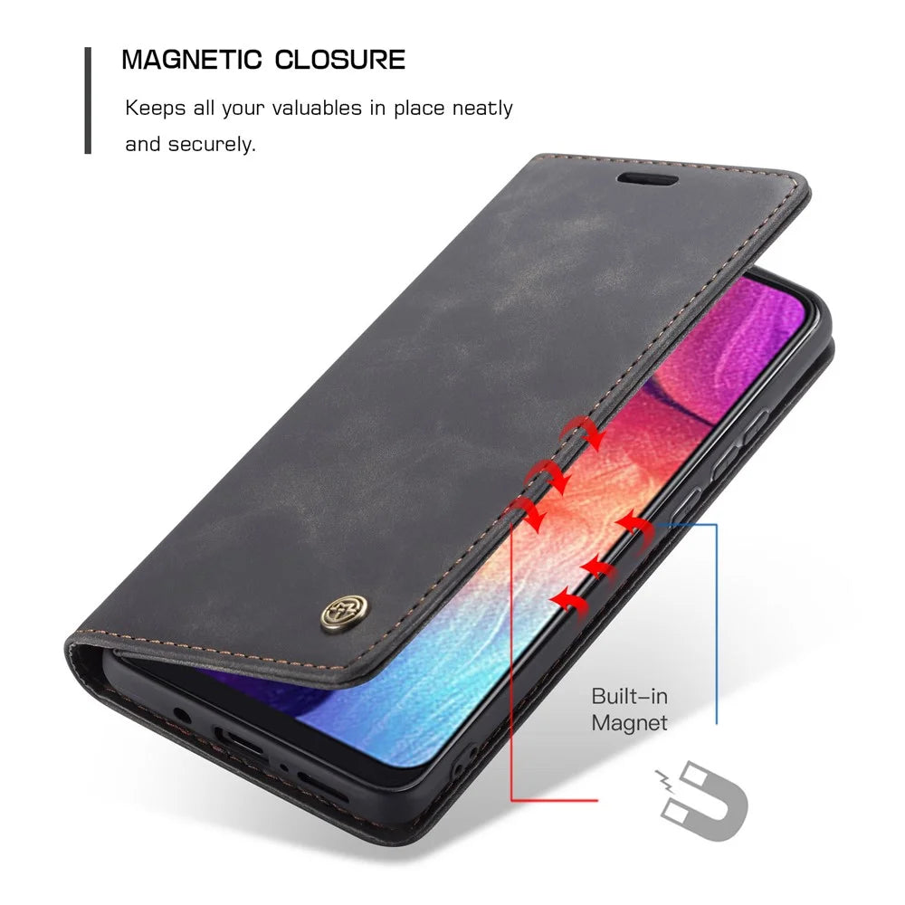 CASEME 013 Series Auto-absorbed Leather Wallet Case for Samsung Galaxy A50 - Black - 6