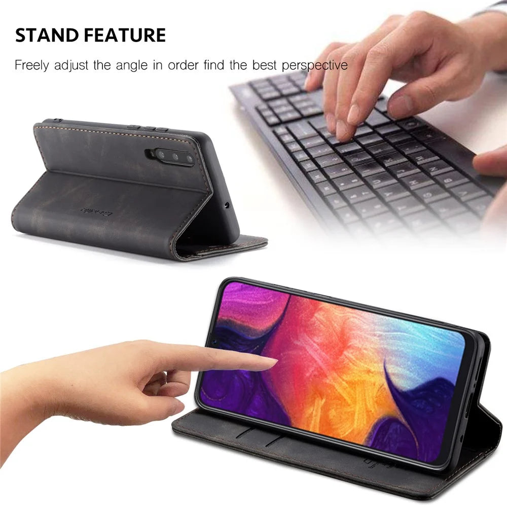 CASEME 013 Series Auto-absorbed Leather Wallet Case for Samsung Galaxy A50 - Black - 7