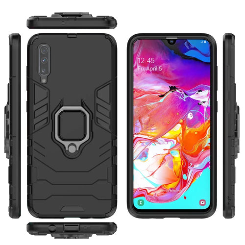 Cool Guard Ring Holder Kickstand PC TPU Hybrid Case for Samsung Galaxy A70 - Black - 1