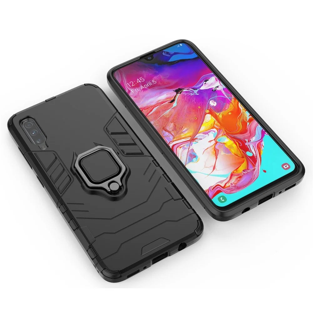Cool Guard Ring Holder Kickstand PC TPU Hybrid Case for Samsung Galaxy A70 - Black - 2