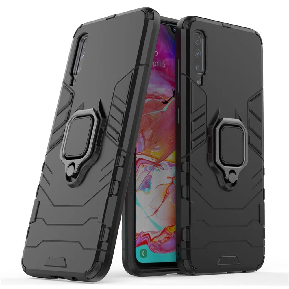 Cool Guard Ring Holder Kickstand PC TPU Hybrid Case for Samsung Galaxy A70 - Black - 3