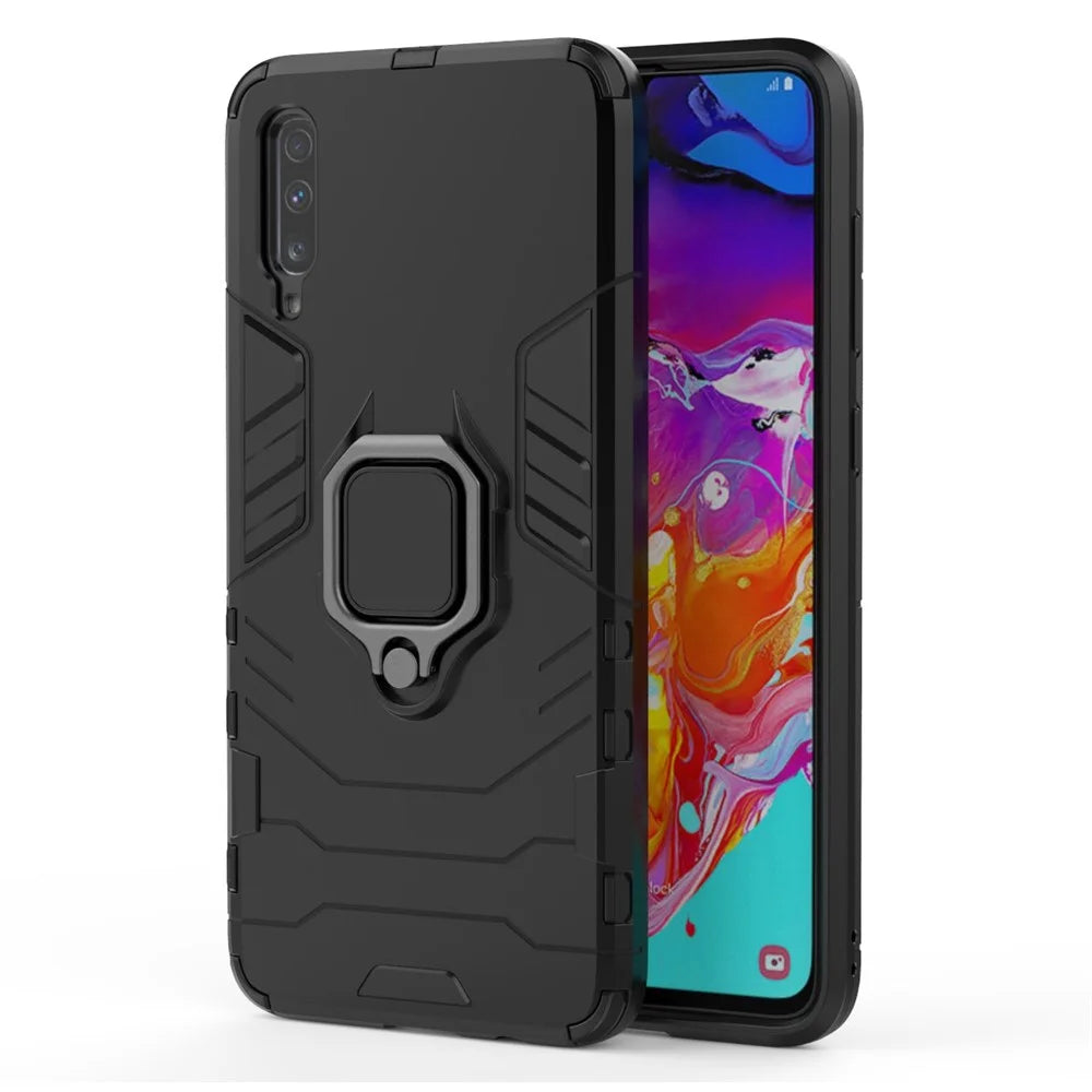 Cool Guard Ring Holder Kickstand PC TPU Hybrid Case for Samsung Galaxy A70 - Black - 4
