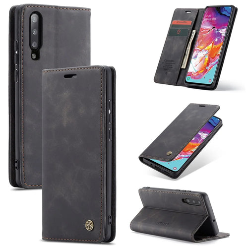 CASEME 013 Series Auto-absorbed Leather Wallet Stand Case for Samsung Galaxy A70 - Black - 1