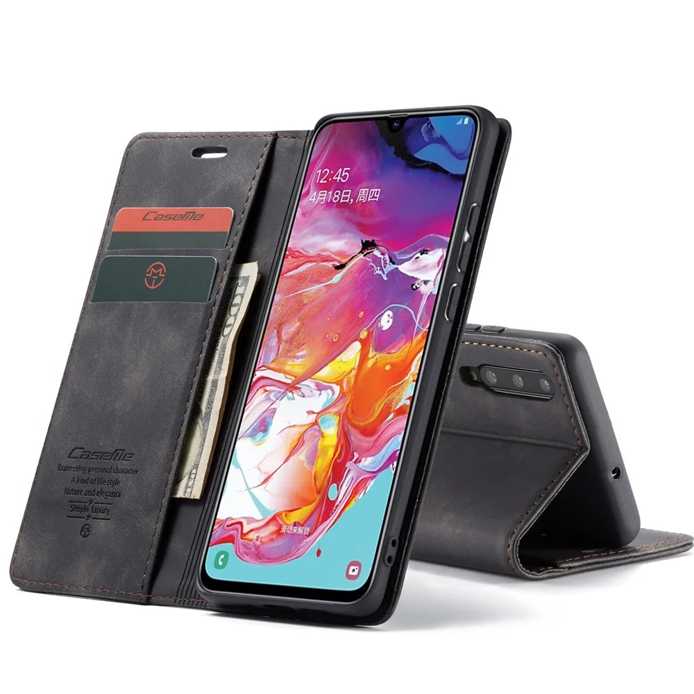 CASEME 013 Series Auto-absorbed Leather Wallet Stand Case for Samsung Galaxy A70 - Black - 3
