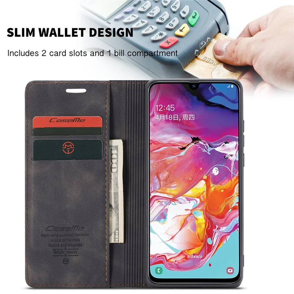 CASEME 013 Series Auto-absorbed Leather Wallet Stand Case for Samsung Galaxy A70 - Black - 4