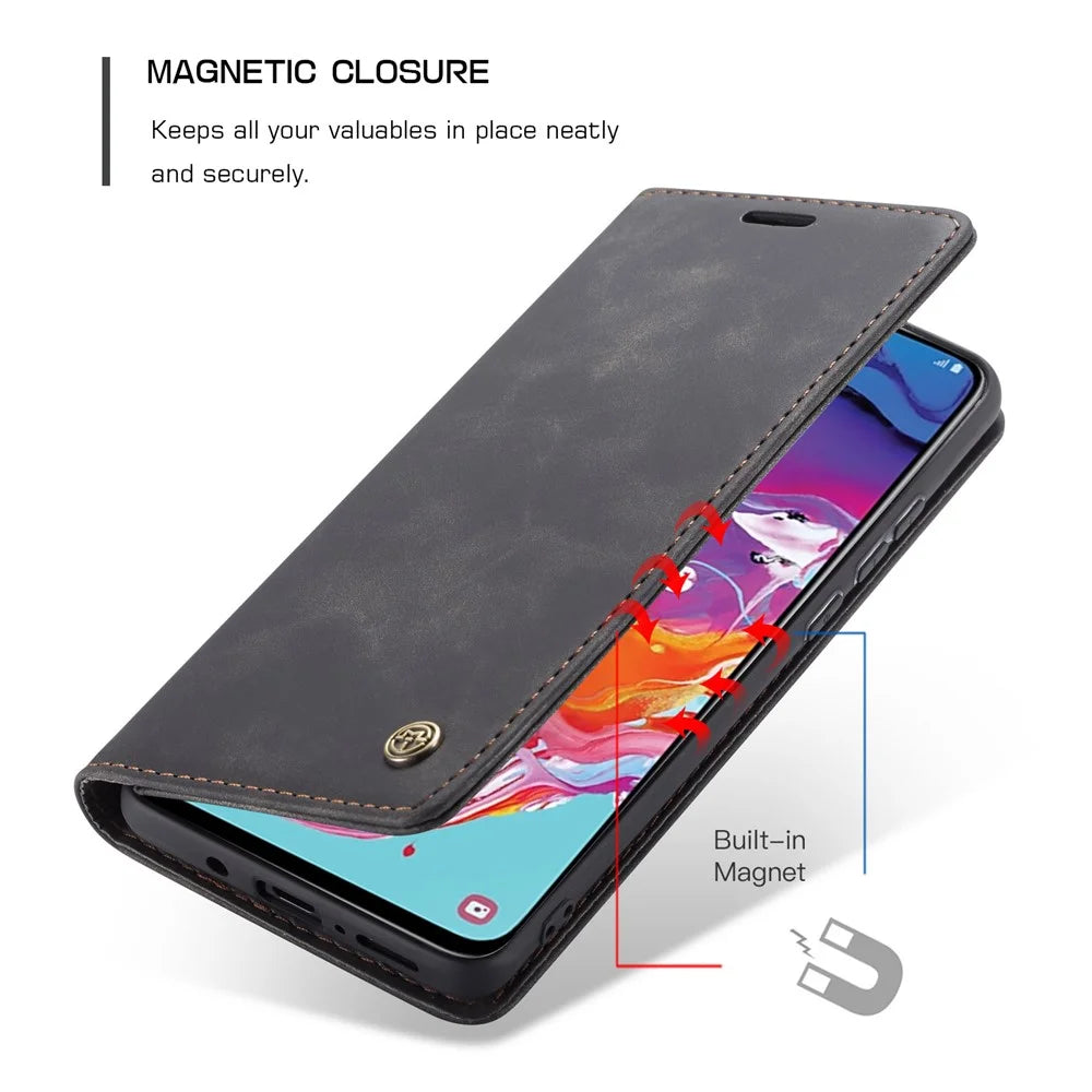 CASEME 013 Series Auto-absorbed Leather Wallet Stand Case for Samsung Galaxy A70 - Black - 5