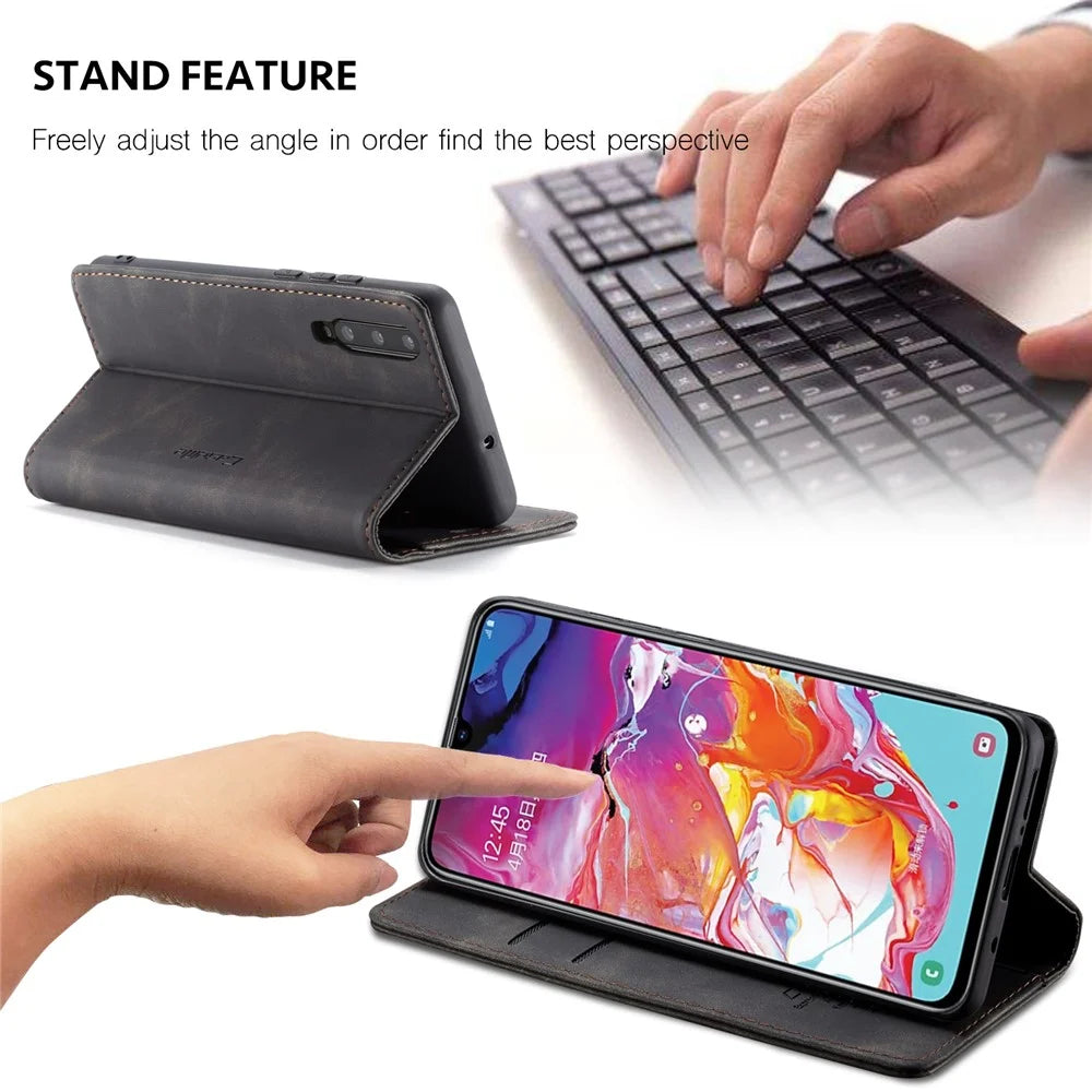 CASEME 013 Series Auto-absorbed Leather Wallet Stand Case for Samsung Galaxy A70 - Black - 6