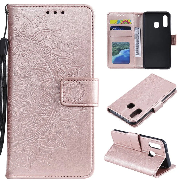 Imprint Mandala Flower Stand Wallet Leather Case for Samsung Galaxy A40 - Rose Gold - 1