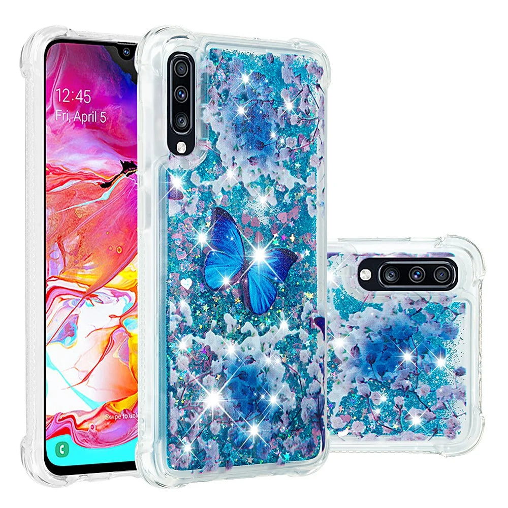 Liquid Glitter Powder Patterned Quicksand Shockproof TPU Back Case for Samsung Galaxy A70 - Blue Butterfly - 1