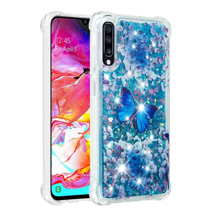 Liquid Glitter Powder Patterned Quicksand Shockproof TPU Back Case for Samsung Galaxy A70 - Blue Butterfly - 3