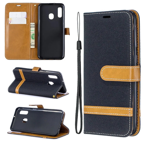 Jeans Cloth Leather Wallet Case for Samsung Galaxy A20e - Black - 1