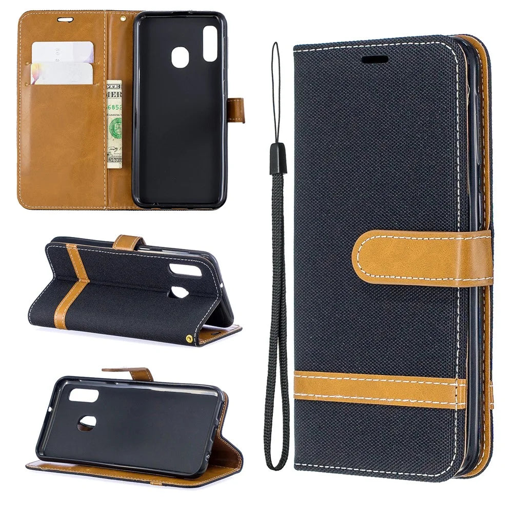 Jeans Cloth Leather Wallet Case for Samsung Galaxy A20e - Black - 1