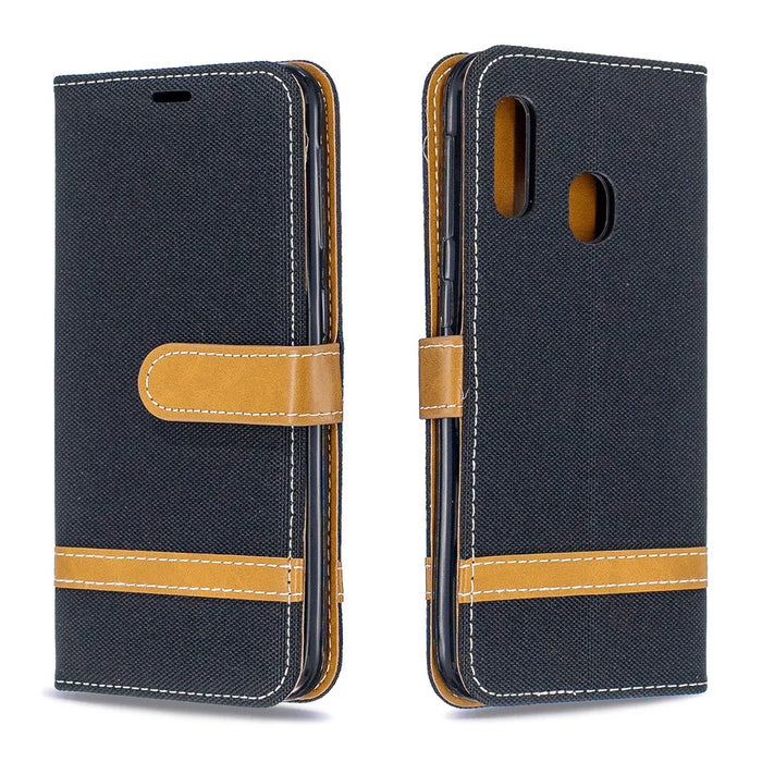 Jeans Cloth Leather Wallet Case for Samsung Galaxy A20e - Black - 4