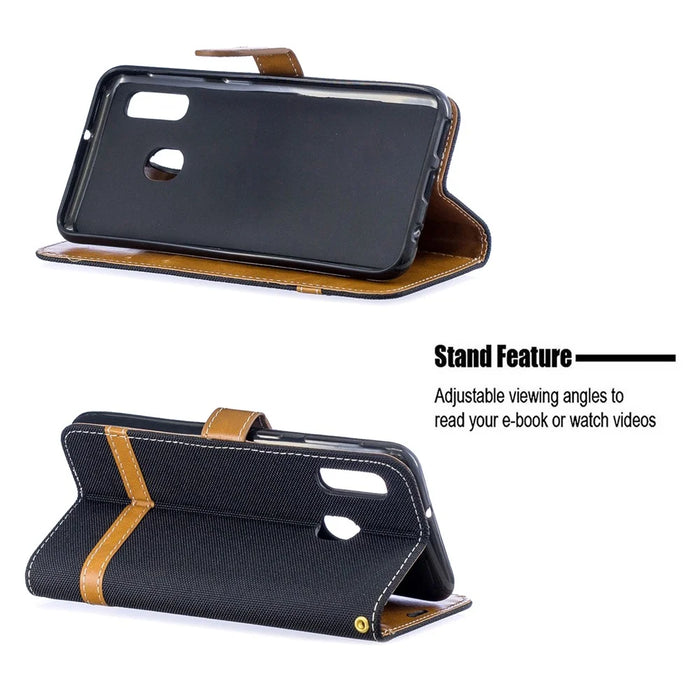 Jeans Cloth Leather Wallet Case for Samsung Galaxy A20e - Black - 5