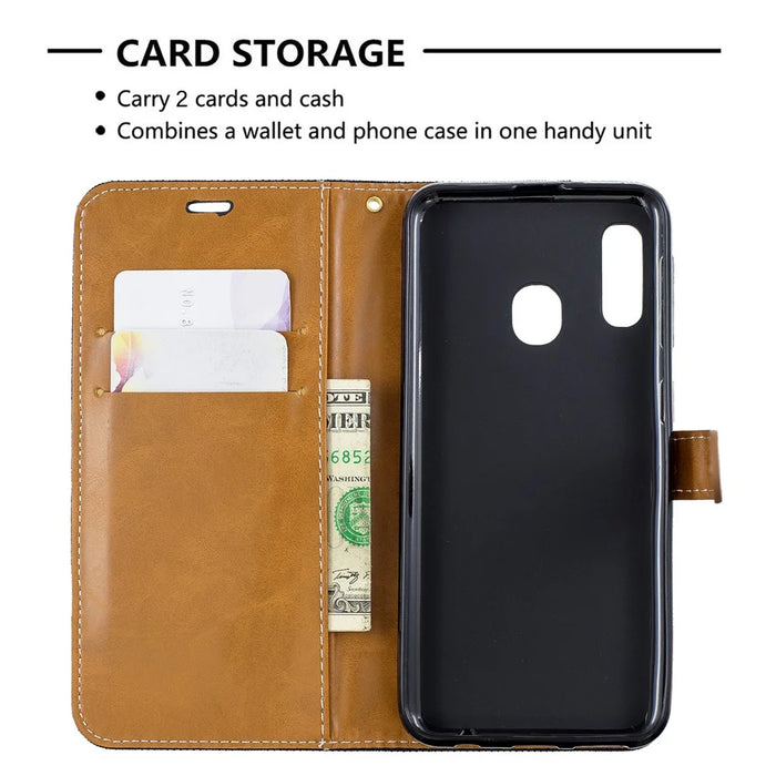 Jeans Cloth Leather Wallet Case for Samsung Galaxy A20e - Black - 6