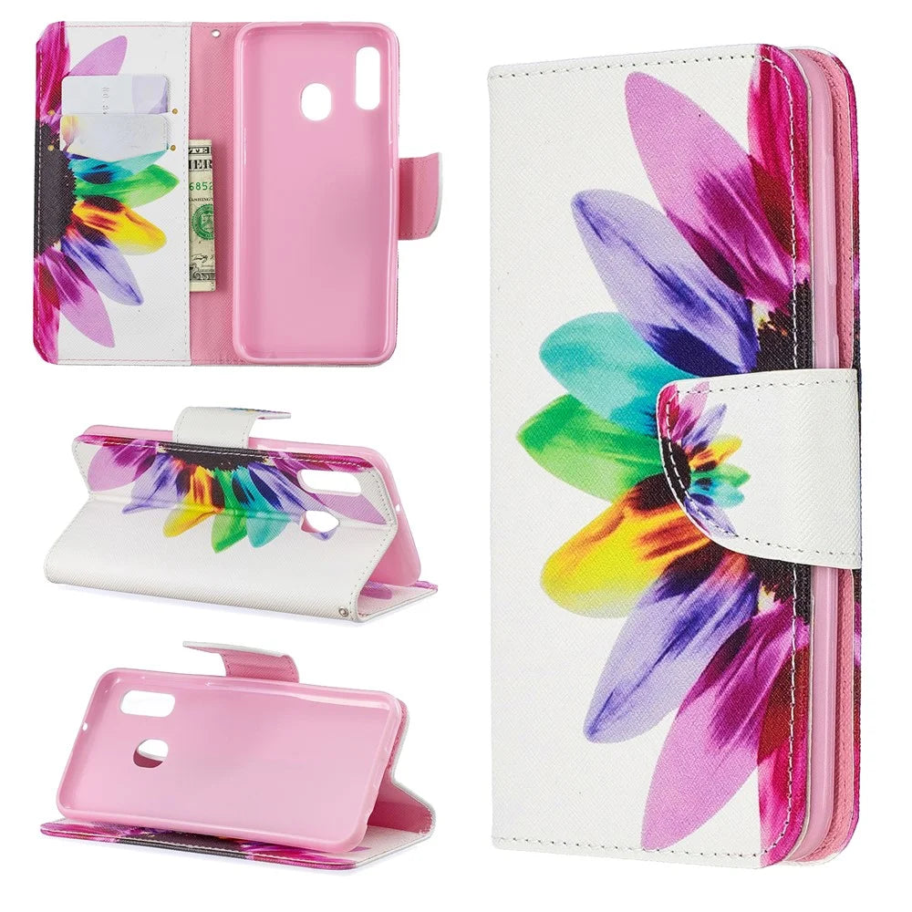 Pattern Printing Leather Wallet Case for Samsung Galaxy A20e - Colorful Petals - 1