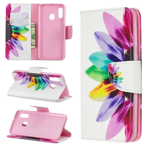 Pattern Printing Leather Wallet Case for Samsung Galaxy A20e - Colorful Petals - 1