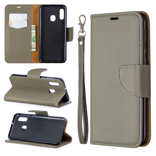 Litchi Skin Leather Wallet Case for Samsung Galaxy A20e - Grey - 1