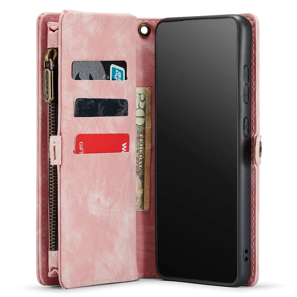 CASEME 008 Series for Samsung Galaxy A20 / 30 PU Leather Magnetic Detachable Zipper Case Multi-slot Wallet Stand Flip Phone Cover - Pink - 5