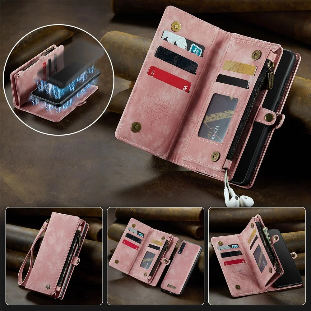 CASEME 008 Series for Samsung Galaxy A70 PU Leather Magnetic Detachable Zipper Phone Case Multi-slot Wallet Stand Cover - Pink - 1
