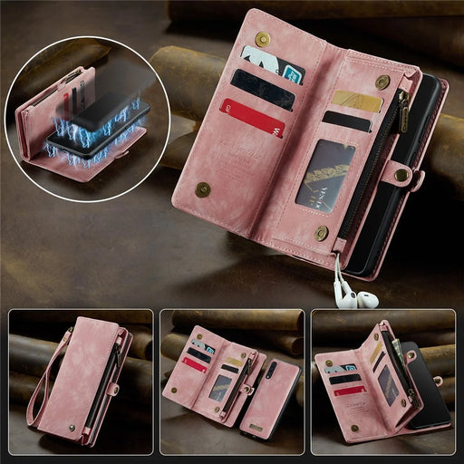 CASEME 008 Series for Samsung Galaxy A70 PU Leather Magnetic Detachable Zipper Phone Case Multi-slot Wallet Stand Cover - Pink - 1